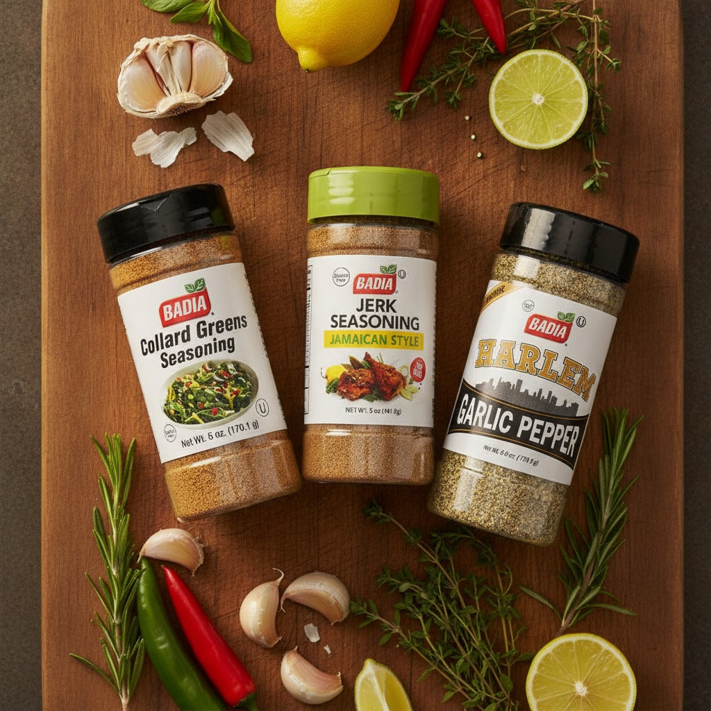 Badia Harlem Garlic Pepper, Collard Greens & Jamaican Jerk Seasoning Bundle — lifestyle