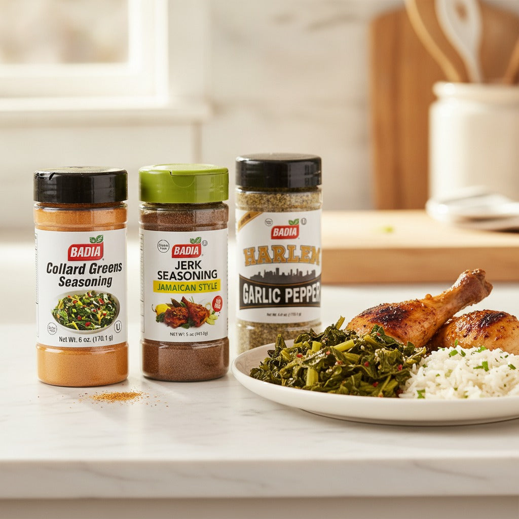 Badia Harlem Garlic Pepper, Collard Greens & Jamaican Jerk Seasoning Bundle — lifestyle