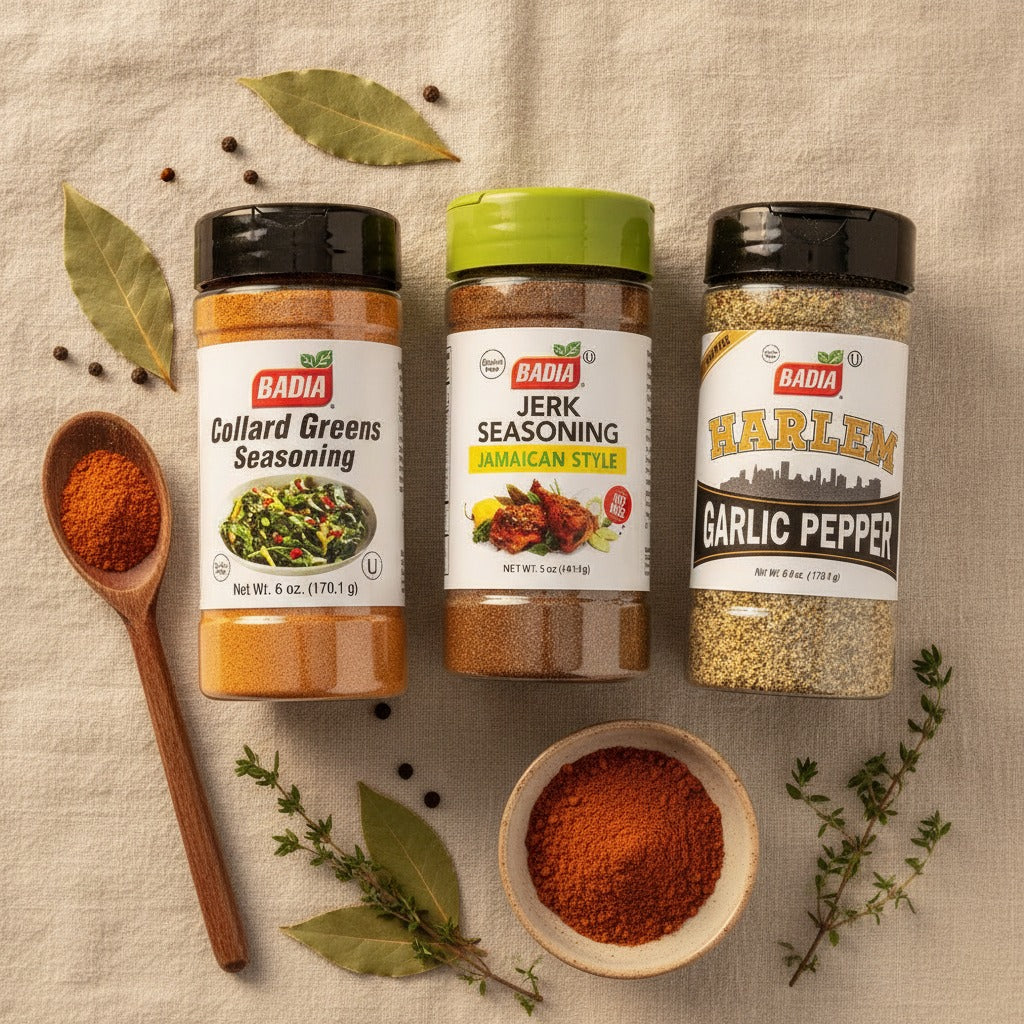 Badia Harlem Garlic Pepper, Collard Greens & Jamaican Jerk Seasoning Bundle — lifestyle