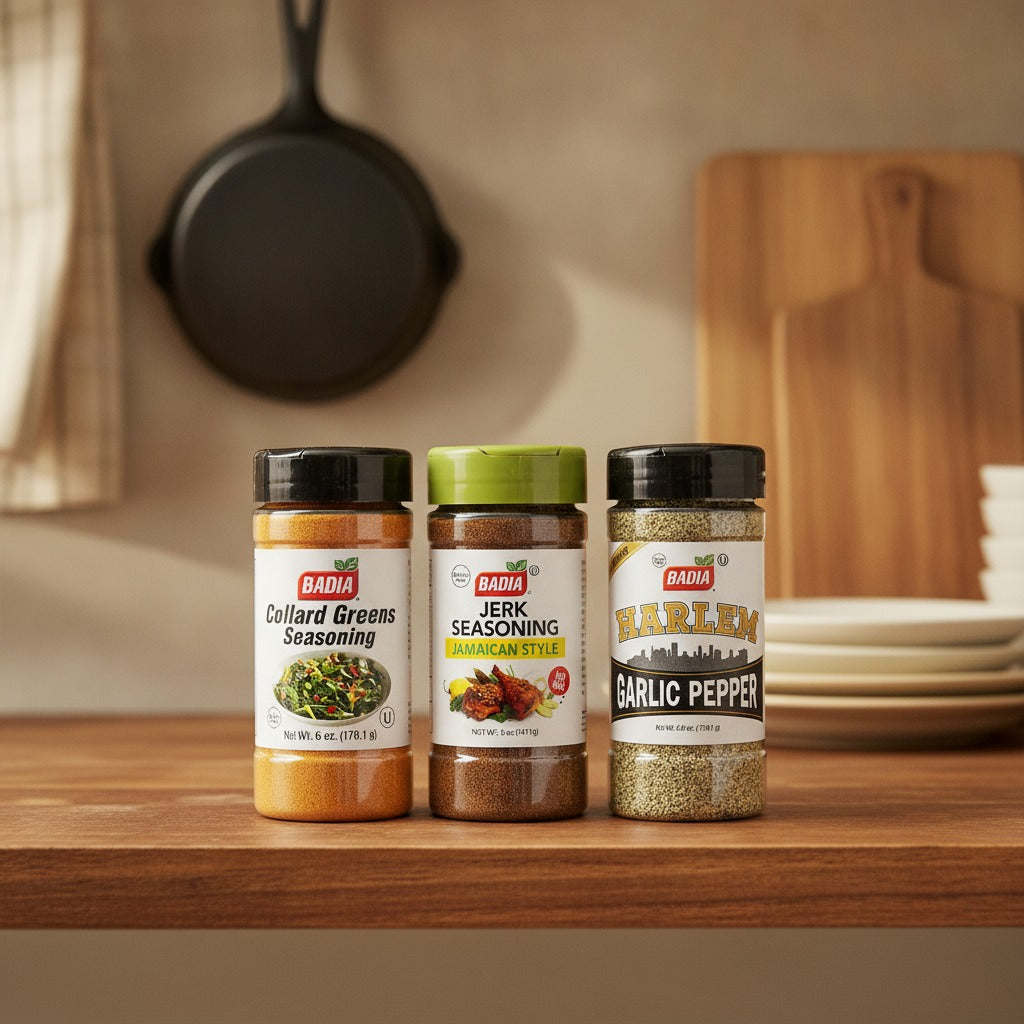 Badia Harlem Garlic Pepper, Collard Greens & Jamaican Jerk Seasoning Bundle — lifestyle