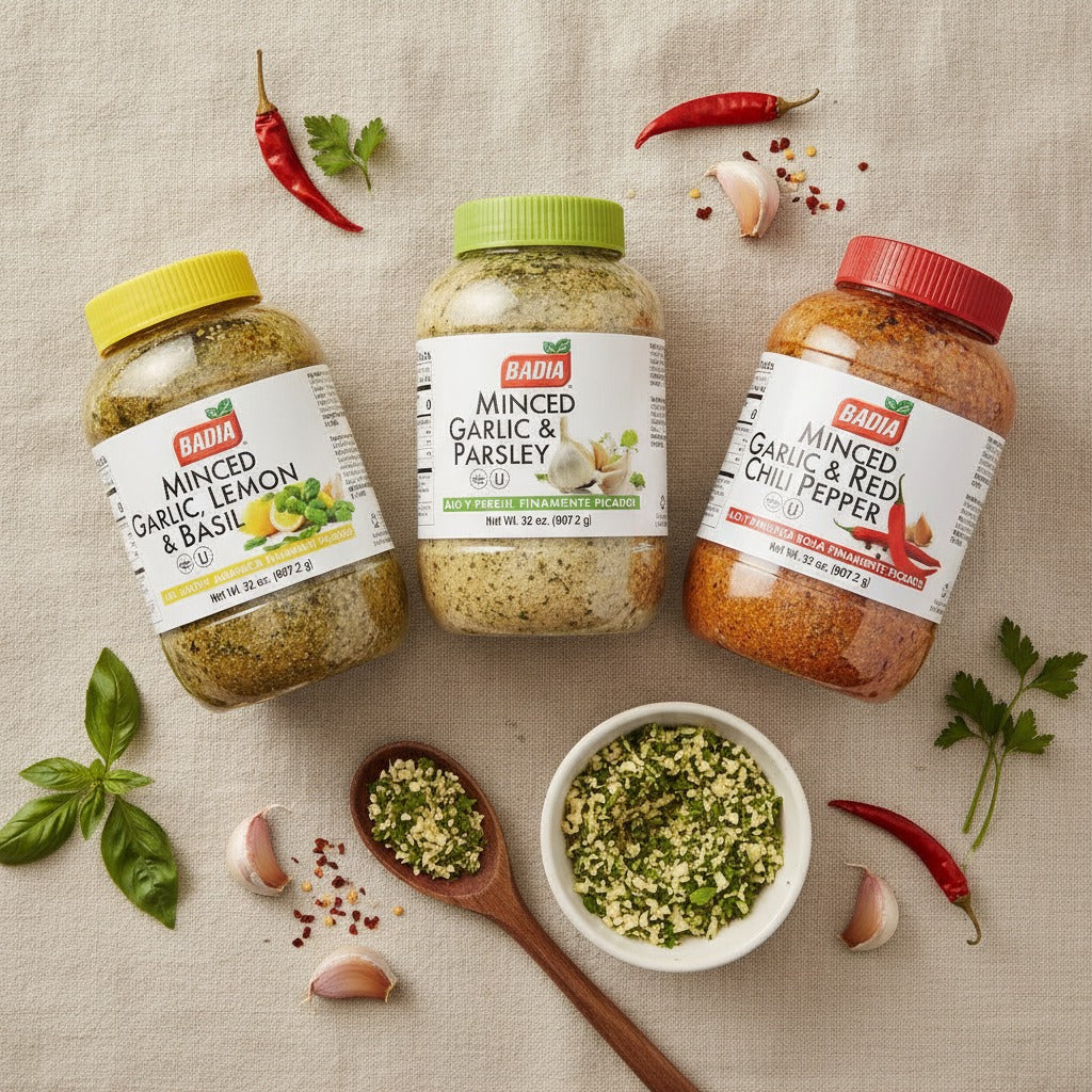 Badia Lemon Basil, Parsley & Red Chili Minced Garlic Bundle — lifestyle