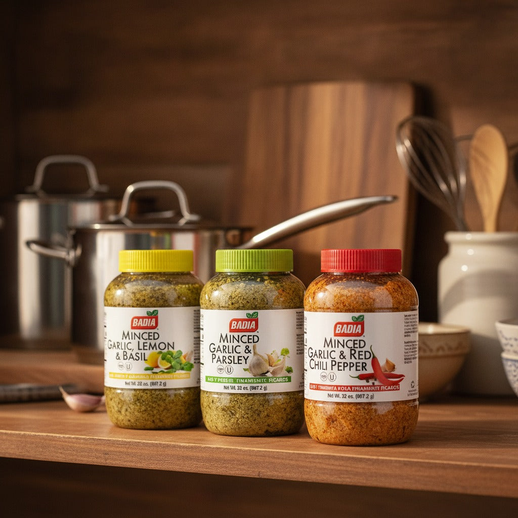 Badia Lemon Basil, Parsley & Red Chili Minced Garlic Bundle — lifestyle
