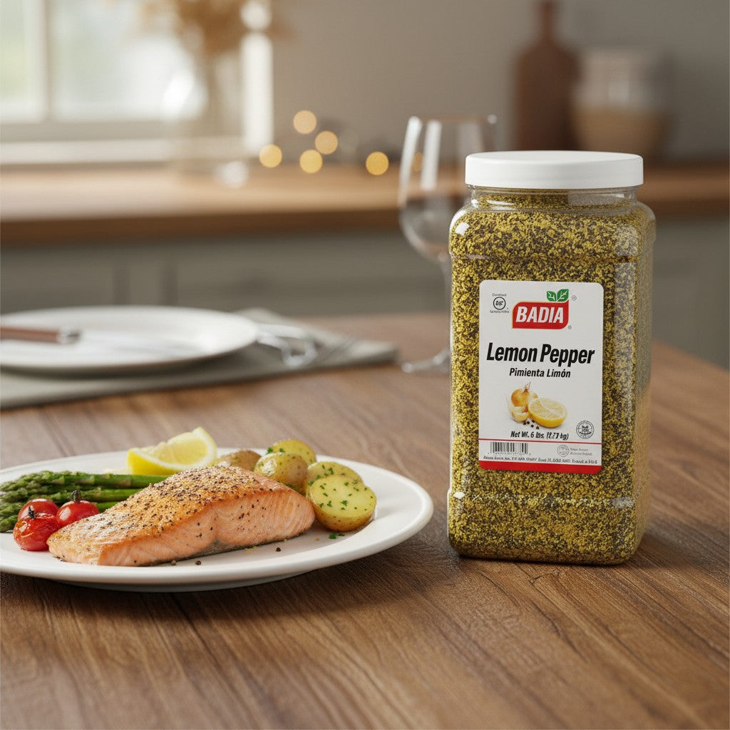 Badia Lemon Pepper Seasoning in a large clear plastic jug with a white lid. The seasoning is yellow and black.