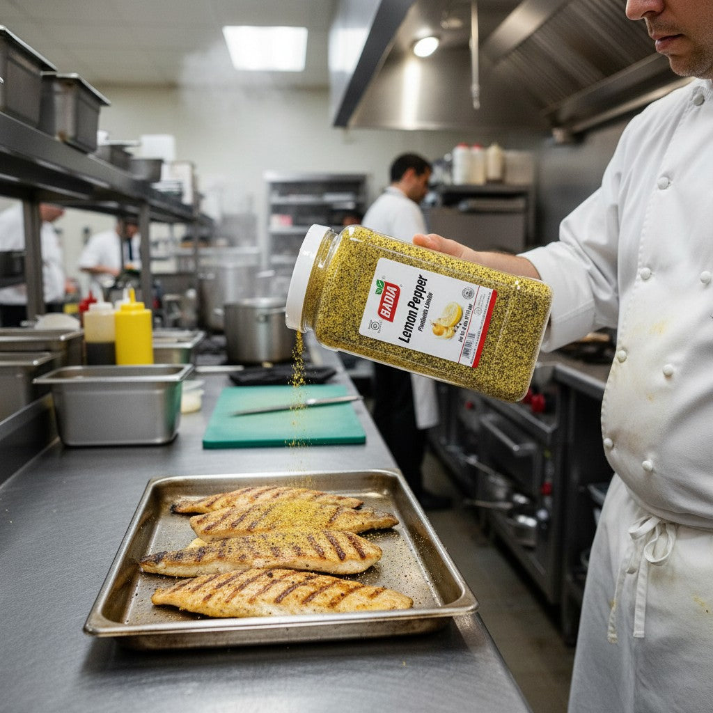 Badia Lemon Pepper Seasoning in a 6 lb clear plastic jug with a white lid. The label features the Badia logo, lemon slices, and text.