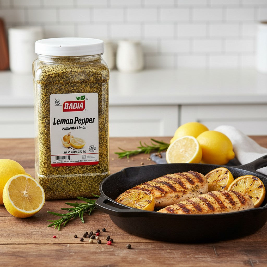 Badia Lemon Pepper Seasoning in a 6 lb clear plastic jug with a white lid. The label features the Badia logo, lemon slices, and text.