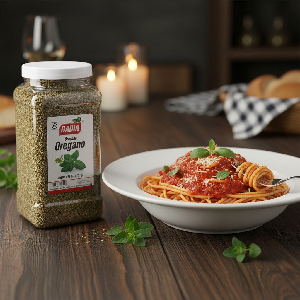 Badia Oregano Whole, 1.35 lb jar of dried Mediterranean and Mexican herb leaves.