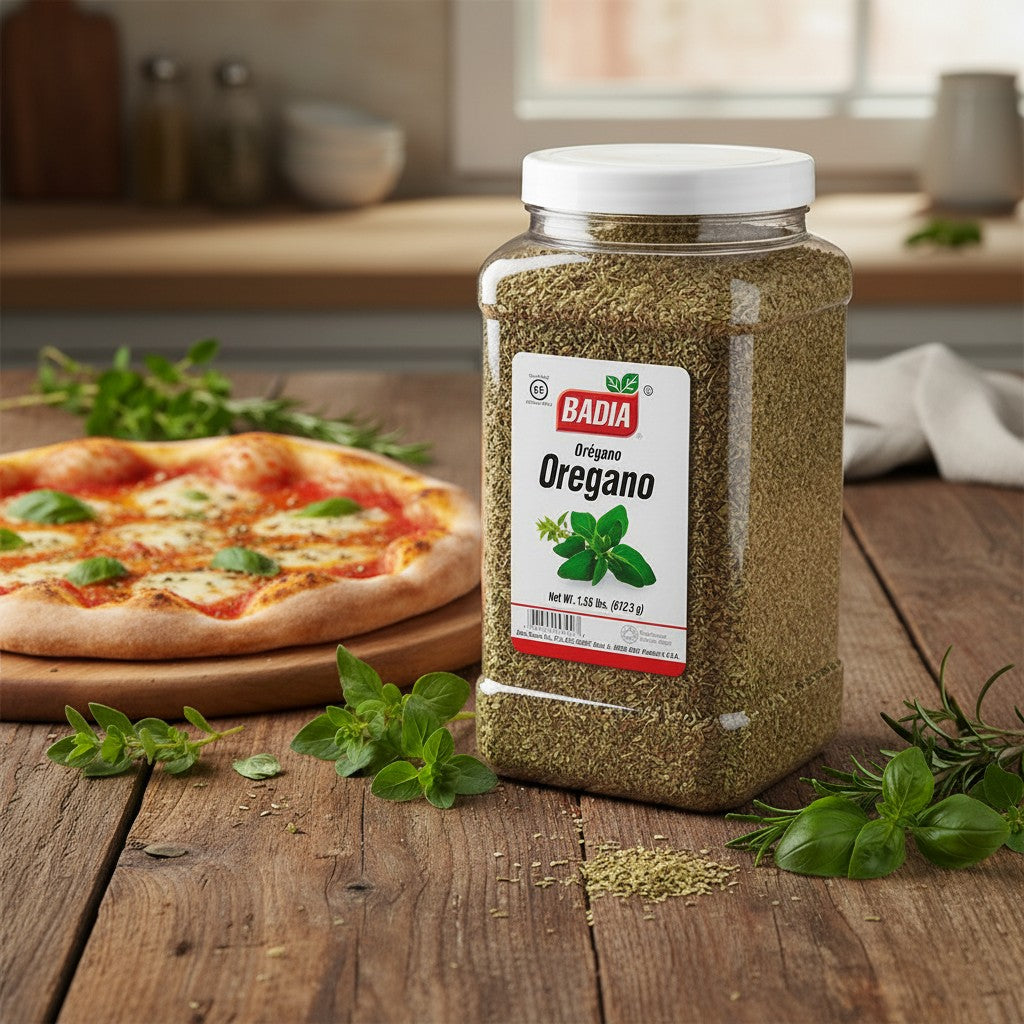 Badia Oregano Whole, 1.35 lb jar of dried Mediterranean herbs with a white lid and label showing the Badia logo and an illustration of oregano leaves.