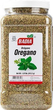 Badia Oregano Whole, 1.35 lb jar of dried Mediterranean herb leaves, ideal for Italian and Mexican cuisine.