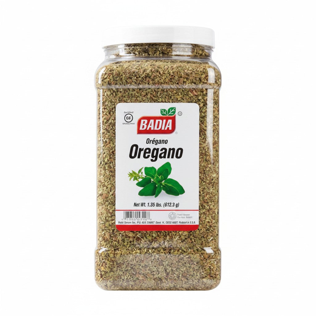 Badia Oregano Whole, 1.35 lb jar of dried Mediterranean herbs with a green leaf illustration.