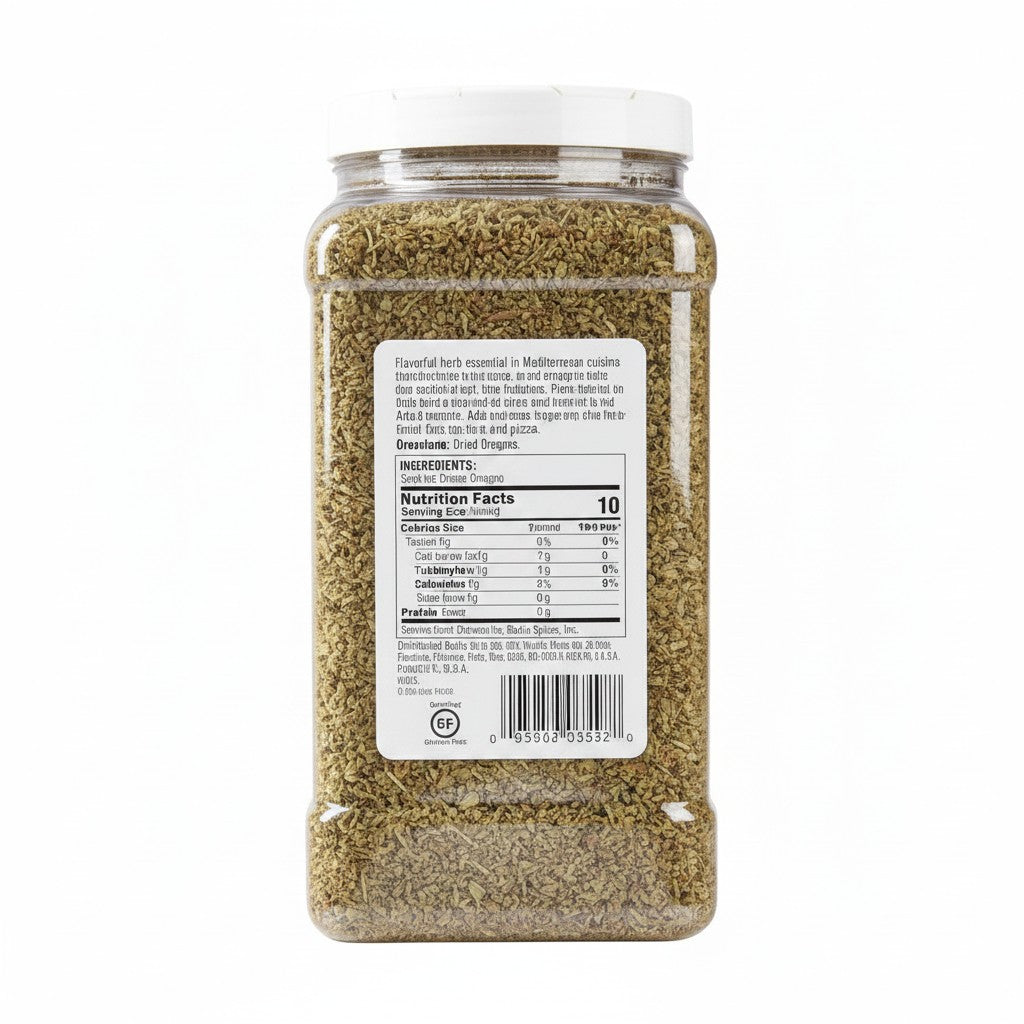 Badia Oregano Whole, 1.35 lb jar of dried Mediterranean herbs with a green leaf illustration.