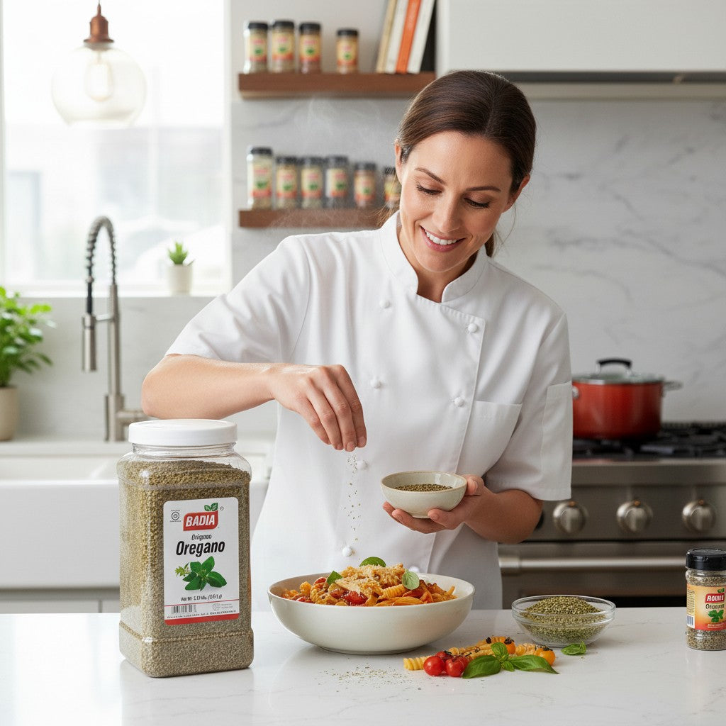Badia Oregano Whole, 1.35 lb jar of dried Mediterranean herbs with a green leaf graphic.