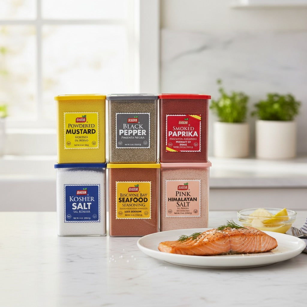 Badia Powdered Mustard, Black Pepper, Smoked Paprika, Kosher Salt, Biscayne Bay Seafood Seasoning & Pink Himalayan Salt Bundle — lifestyle