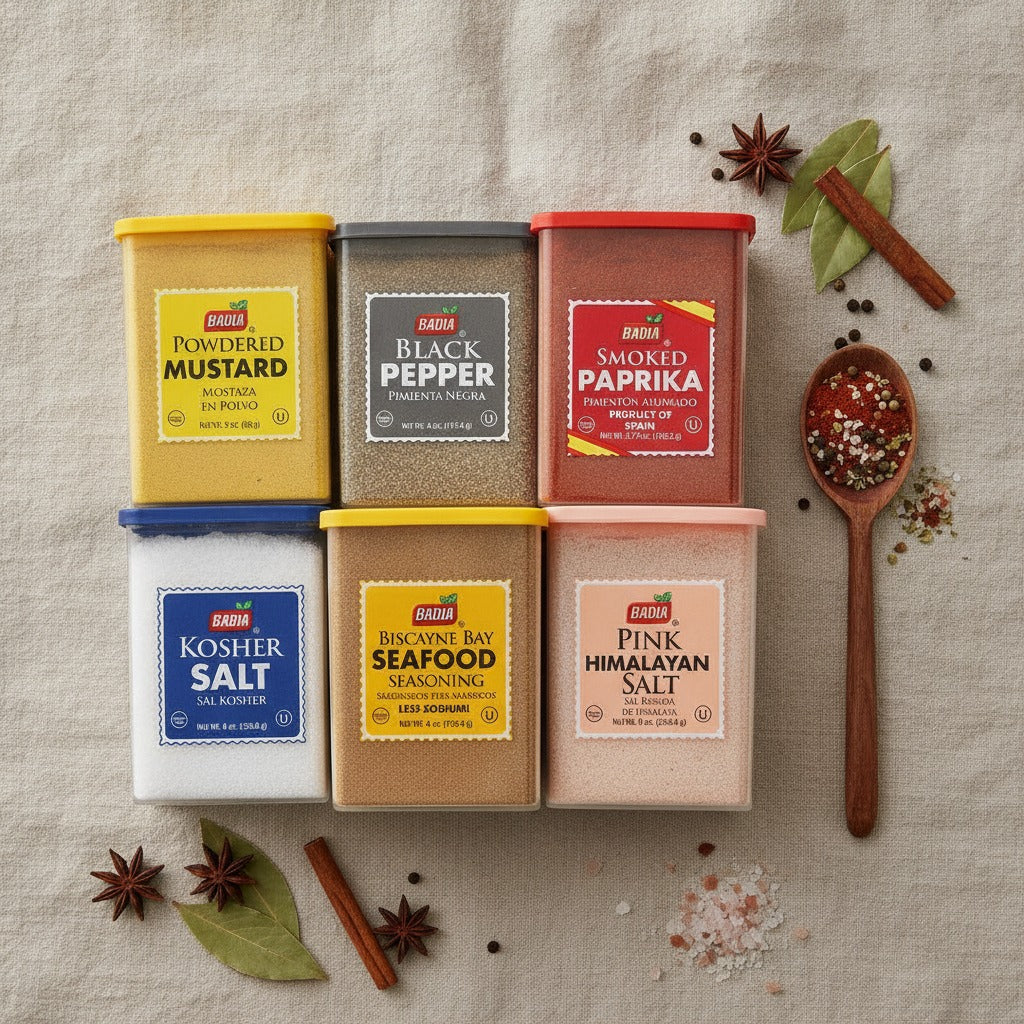 Badia Powdered Mustard, Black Pepper, Smoked Paprika, Kosher Salt, Biscayne Bay Seafood Seasoning & Pink Himalayan Salt Bundle — lifestyle