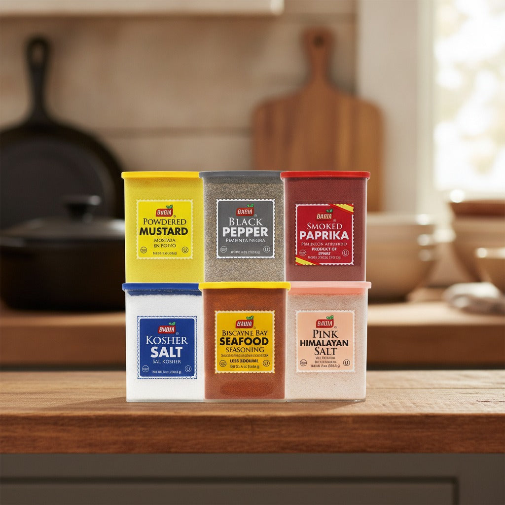 Badia Powdered Mustard, Black Pepper, Smoked Paprika, Kosher Salt, Biscayne Bay Seafood Seasoning & Pink Himalayan Salt Bundle — lifestyle