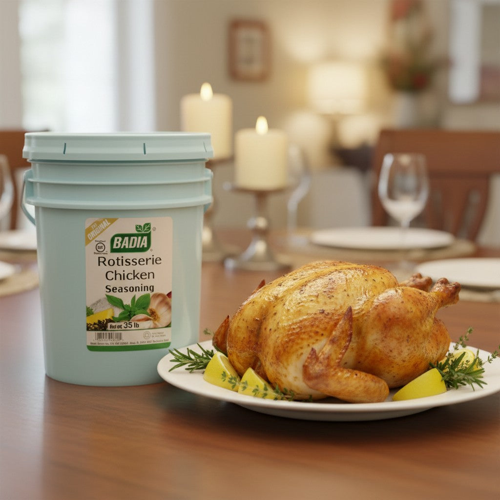Badia Rotisserie Chicken Seasoning in a 35 lb bucket. No MSG, gluten-free blend with paprika, garlic, and onion for savory flavor and color.