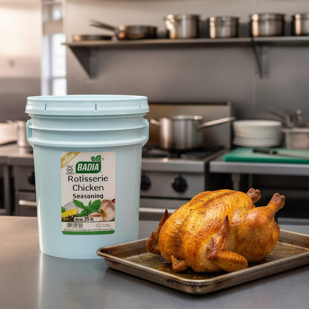 Badia Rotisserie Chicken Seasoning in a 35 lb bucket. No MSG, gluten-free blend with paprika, garlic, and onion for rotisserie chicken.