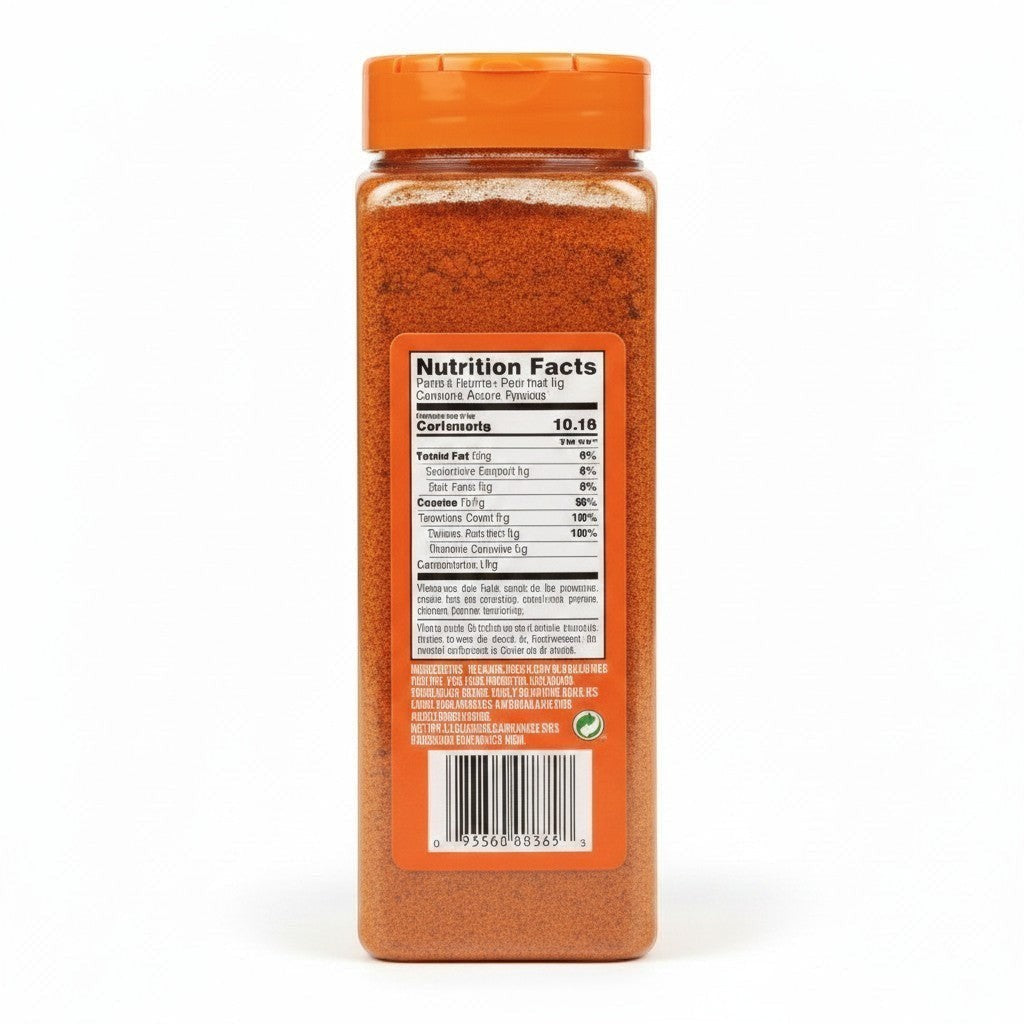 Badia Sazón Tropical Seasoning with Coriander & Annatto, 1.75 lb bottle. Orange cap, clear bottle with orange-red seasoning. Label features product name and ingredients.