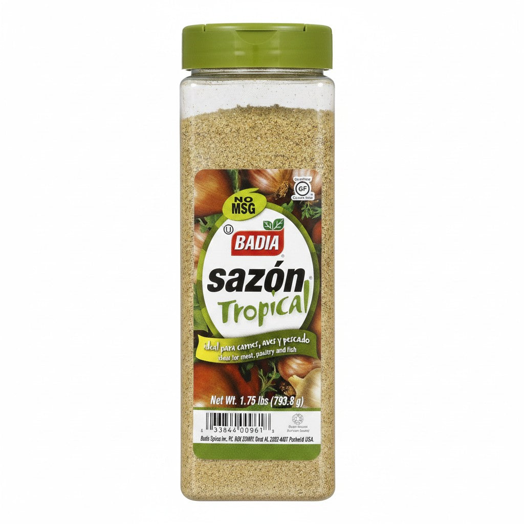 Badia Sazón Tropical Seasoning, a blend for meat, poultry, and fish, in a 1.75 lb container. No MSG.