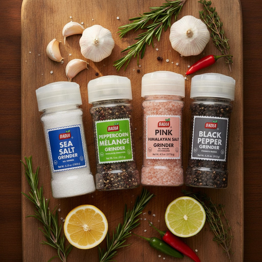 Badia Sea Salt, Peppercorn Mélange, Pink Himalayan Salt & Black Pepper Grinder Bundle — lifestyle
