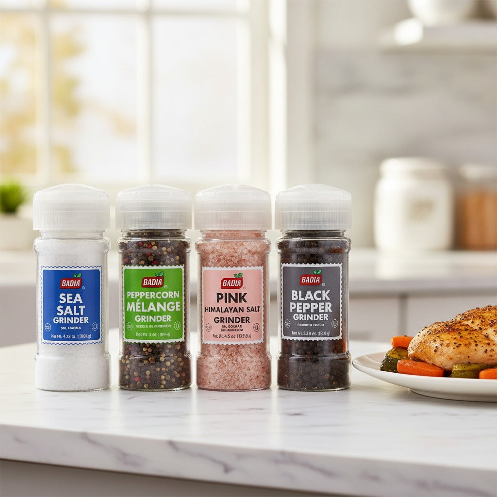 Badia Sea Salt, Peppercorn Mélange, Pink Himalayan Salt & Black Pepper Grinder Bundle — lifestyle