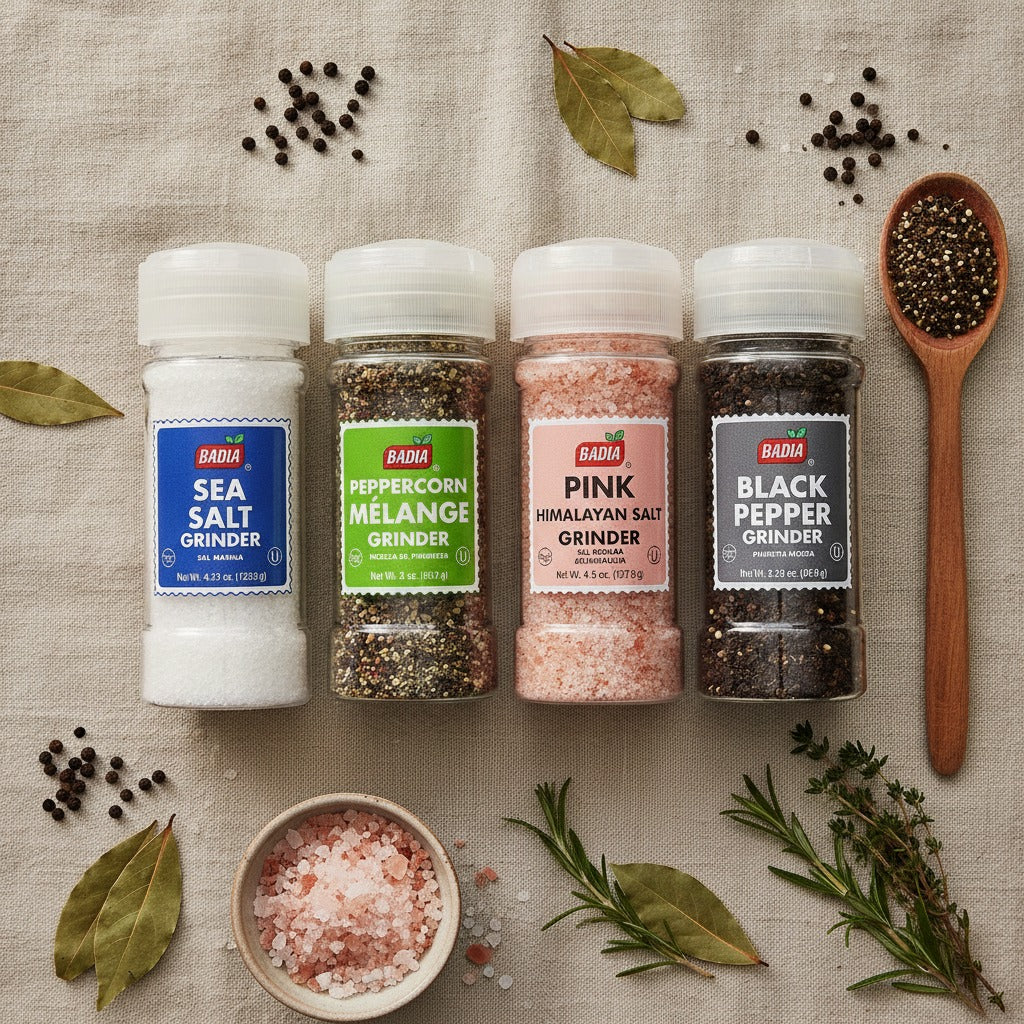 Badia Sea Salt, Peppercorn Mélange, Pink Himalayan Salt & Black Pepper Grinder Bundle — lifestyle