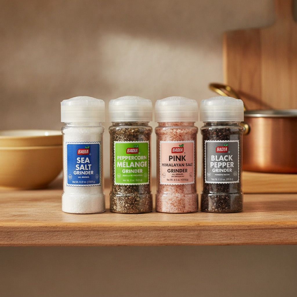 Badia Sea Salt, Peppercorn Mélange, Pink Himalayan Salt & Black Pepper Grinder Bundle — lifestyle