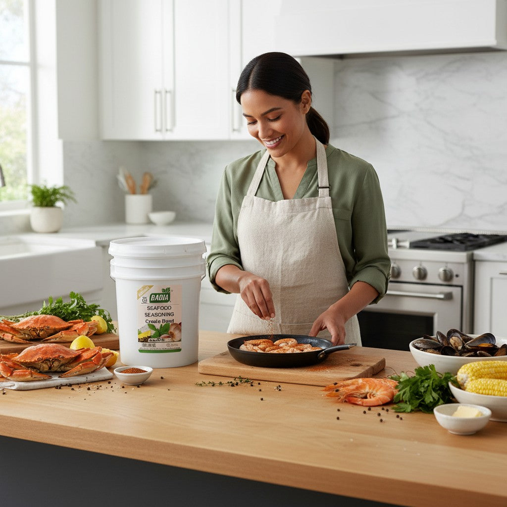 Badia Seafood Seasoning Creole Blend (Blackened) in a 20 lb bucket. Gluten-free seasoning for blackened fish, chicken, and more.