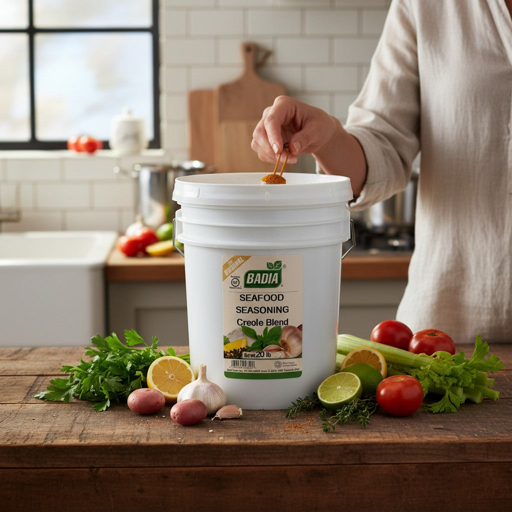 Badia Seafood Seasoning Creole Blend (Blackened) in a 20 lb bucket. Gluten-free seasoning for blackened seafood, chicken, and more.
