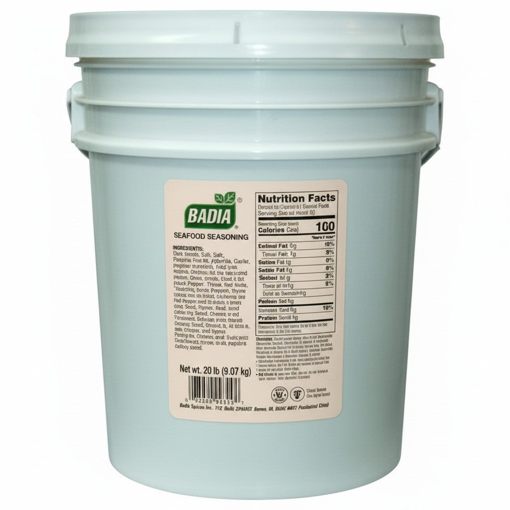 Badia Seafood Seasoning Creole Blend (Blackened) in a 20 lb bucket. Features paprika, garlic, onion, pepper, thyme, and cayenne.