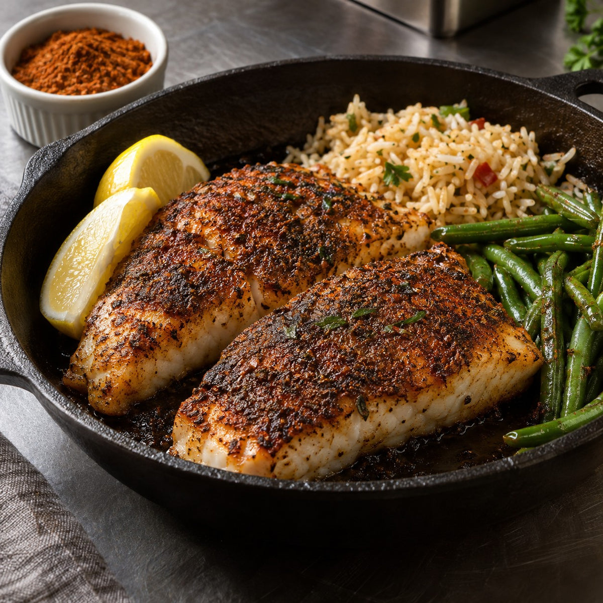 Serving suggestion: blackened fish with rice, green beans, and lemon