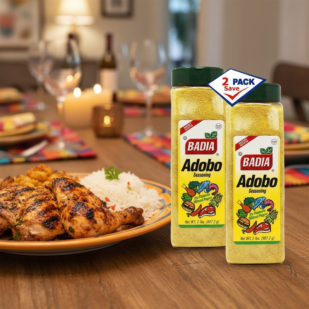 Bodega Badia Adobo Seasoning without Pepper, 2 lb pack. Yellow seasoning blend with garlic, oregano, and turmeric.