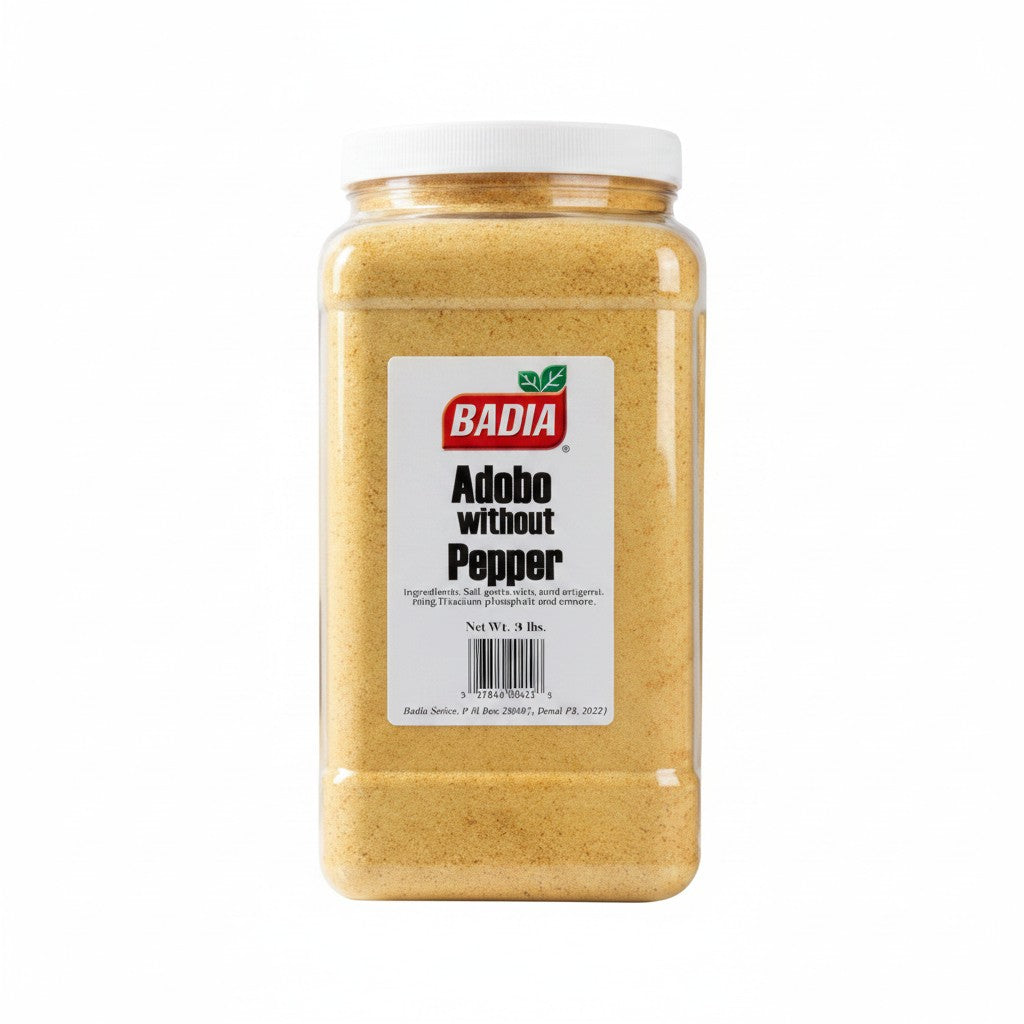Bodega Badia Adobo Seasoning without Pepper, 8 lb container. A yellow, granular spice blend.