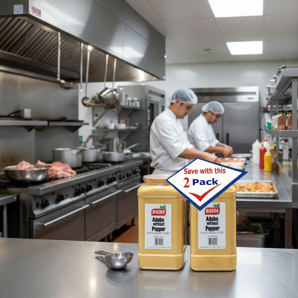 Bodega Badia Adobo Seasoning Without Pepper, 2 pack of 8 lb jugs. All-purpose Cuban seasoning base with salt, garlic, oregano, turmeric, and onion.