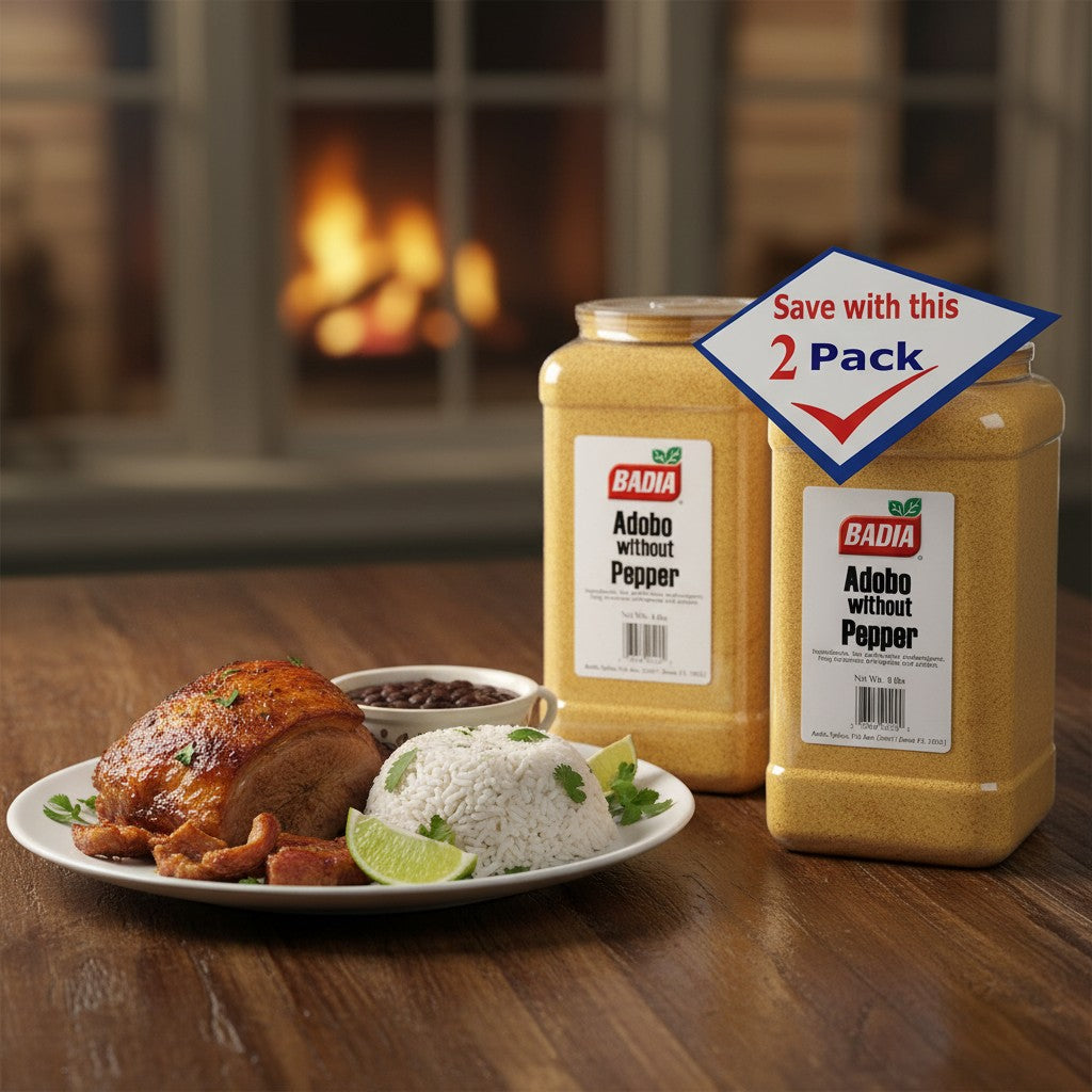 Bodega Badia Adobo Seasoning Without Pepper, 2 pack of 8 lb jugs. All-purpose Cuban seasoning base with salt, garlic, oregano, turmeric, and onion.