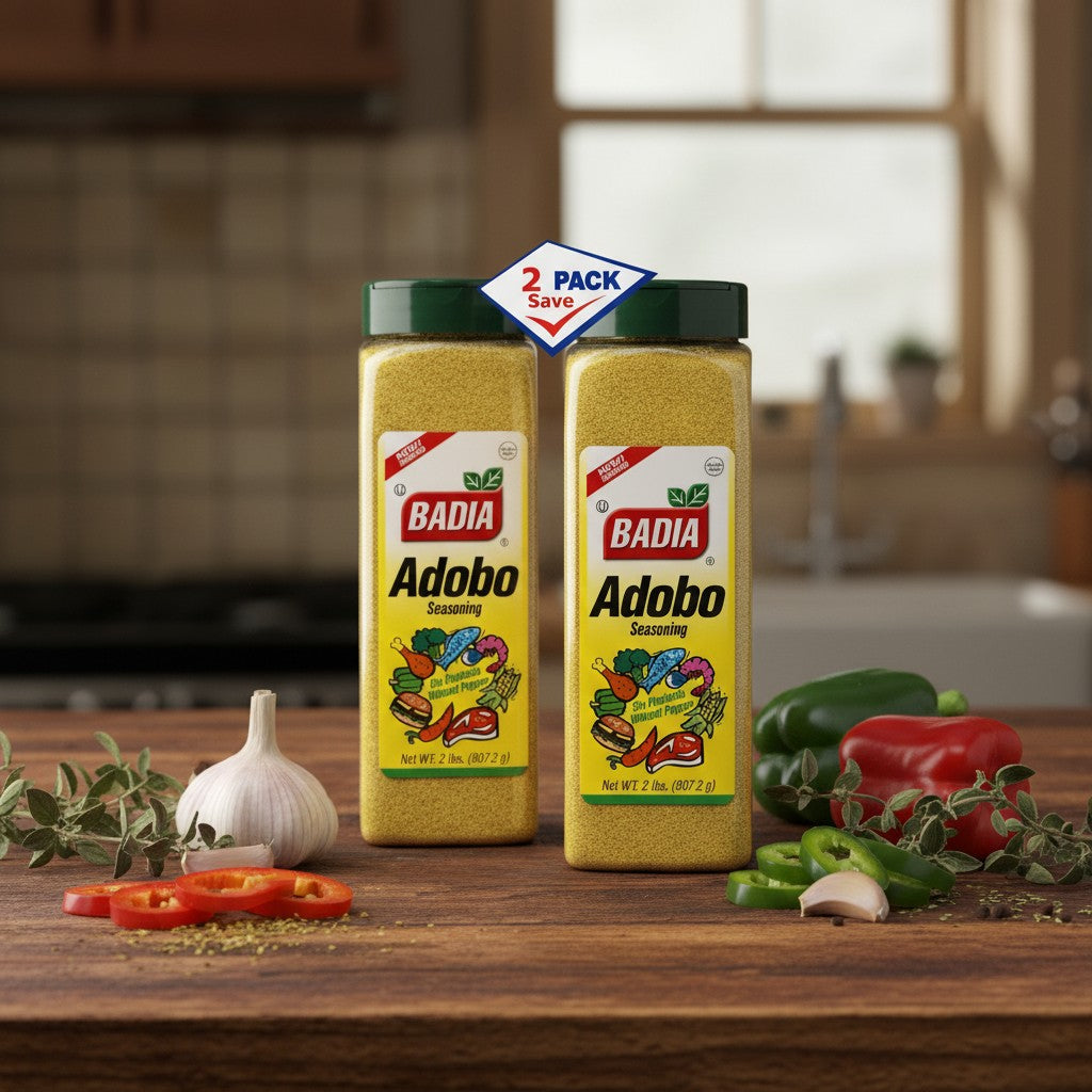 Bodega Badia Adobo Seasoning without Pepper, 2 lb bottles, 2-pack. Yellow seasoning with garlic, oregano, and turmeric.