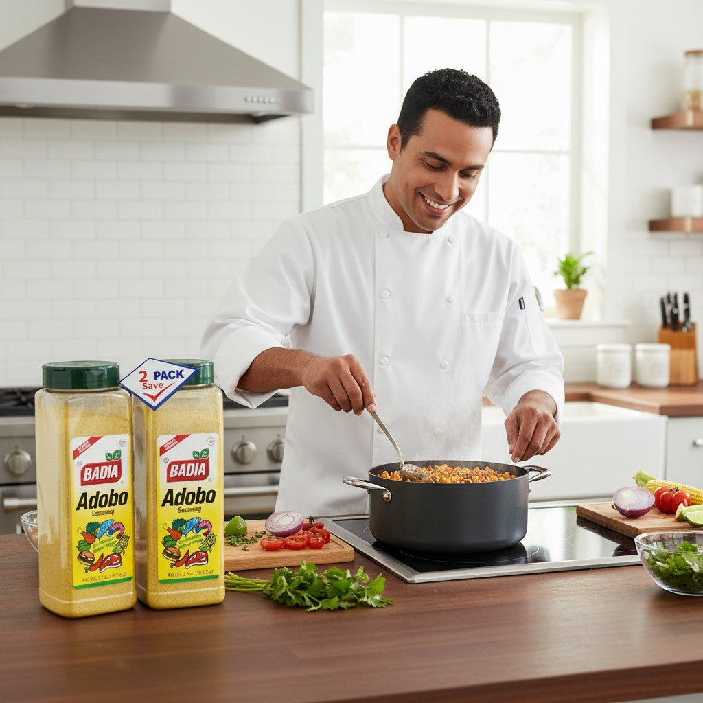 Bodega Badia Adobo Seasoning without Pepper, 2 lb bottles, 2-pack. Yellow seasoning with garlic, oregano, and turmeric.