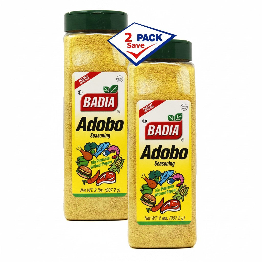 Bodega Badia Adobo Seasoning without Pepper, 2 lb bottles, 2 pack. Yellow seasoning with images of chicken, fish, shrimp, steak, and vegetables.
