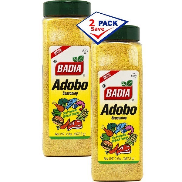 Bodega Badia Adobo Seasoning without Pepper, 2 lb bottles, 2 pack. Yellow seasoning with images of chicken, fish, shrimp, steak, and vegetables.