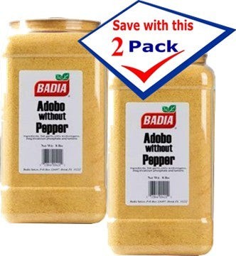 Bodega Badia Adobo Seasoning Without Pepper, 8 lb jugs, 2 pack. All-purpose Cuban seasoning base with salt, garlic, oregano, turmeric, and onion.