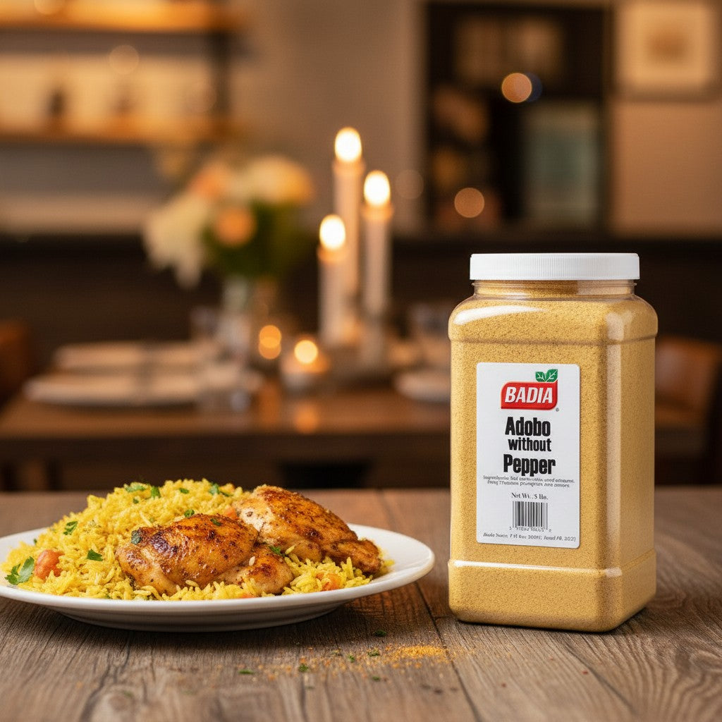 Bodega Badia Adobo Seasoning without Pepper, 8 lb jar of yellow seasoning blend with salt, garlic, oregano, and turmeric.