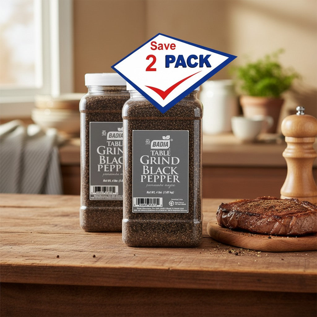Bodega Badia table grind black pepper, 4 lb jugs, pack of 2. Medium grind for shakers, rubs, and seasoning.