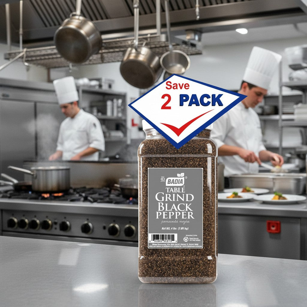 Bodega Badia table grind black pepper, 4 lb jugs, pack of 2. Medium grind for shakers, rubs, and seasoning.
