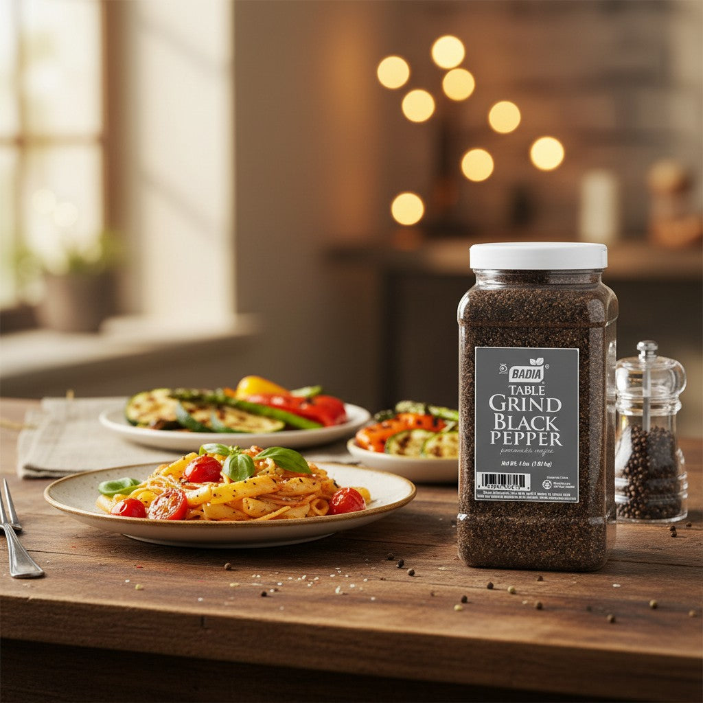 Bodega Badia table grind black pepper, 4 lb jugs, pack of 2. Medium grind for shakers, rubs, and seasoning.