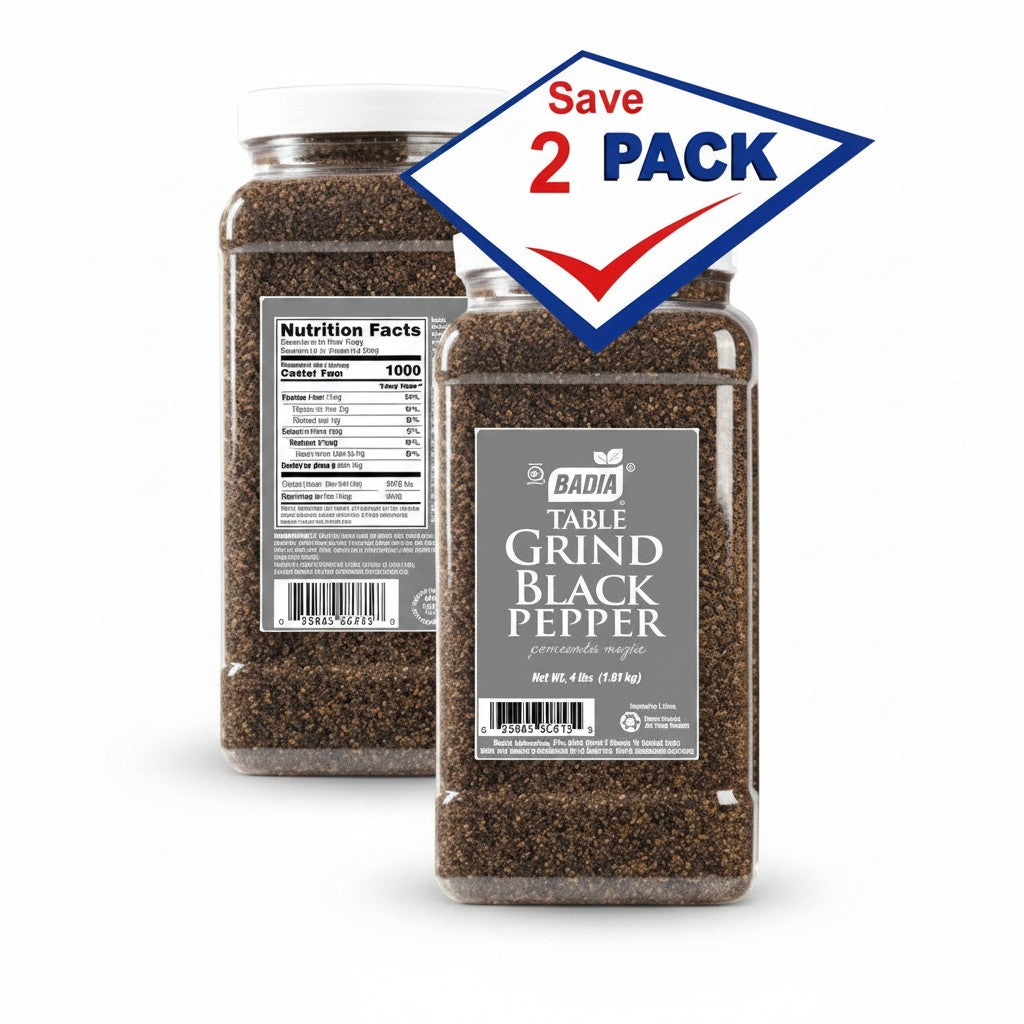 Bodega Badia table grind black pepper, 4 lb jugs, pack of 2. Medium grind for seasoning and rubs.