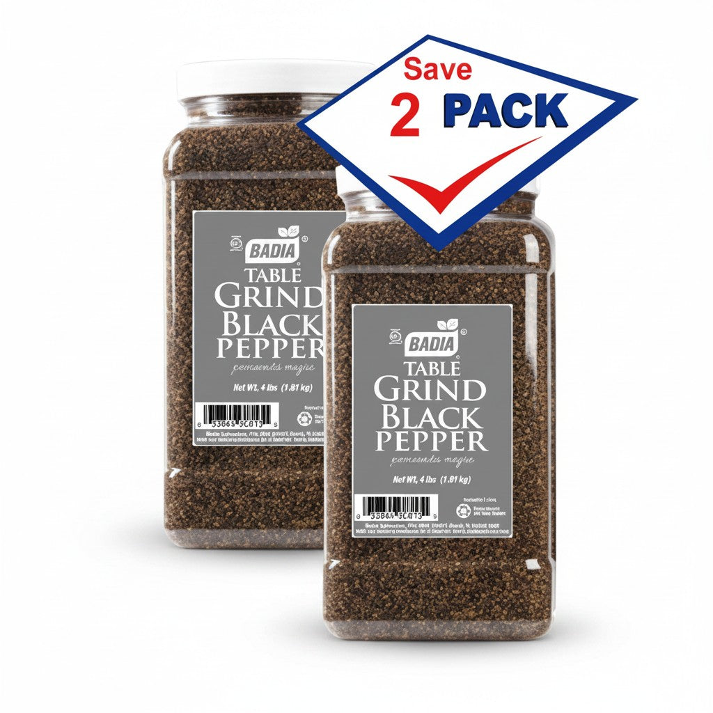 Bodega Badia table grind black pepper, 4 lb jugs, pack of 2. Medium grind for seasoning and rubs.