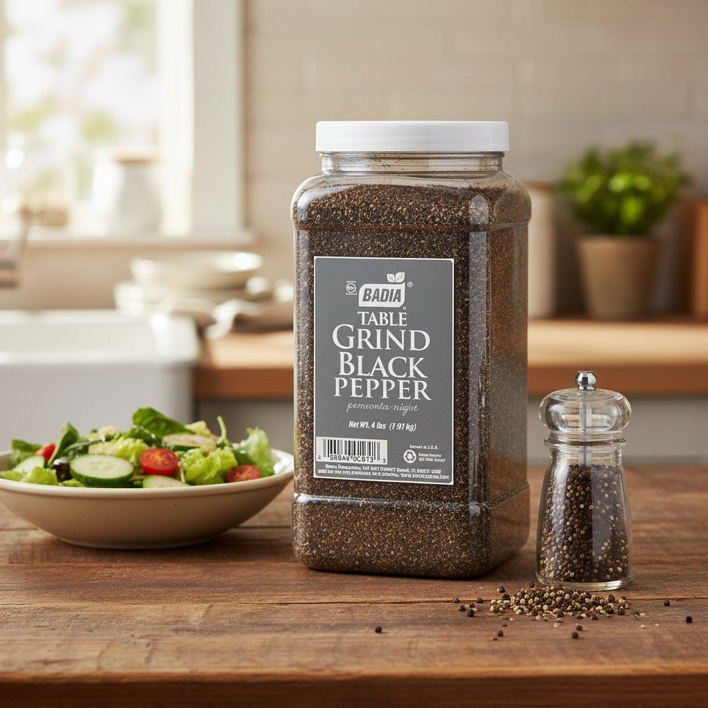Bodega Badia table grind black pepper, 4 lb jug. Medium grind for restaurant use, rubs, and seasoning.