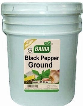 Bodega Badia Black Pepper Ground Spice in a large white 20 lb bucket, ideal for foodservice.