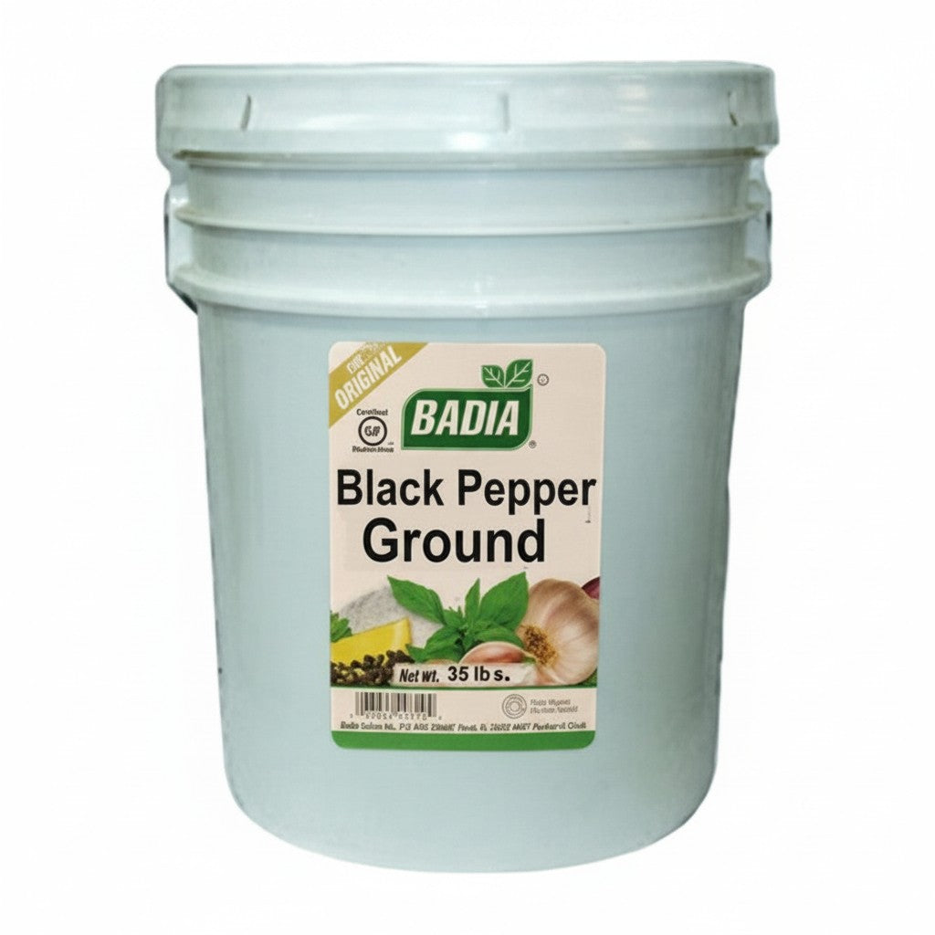 Bodega Badia Black Pepper Ground Spice, 20 lb container for high-volume foodservice operations. Bulk seasoning.