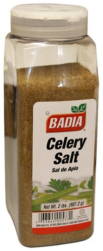 Bodega Badia Celery Salt, 2 lb jar with a white lid. The seasoning is a fine, light brown powder.