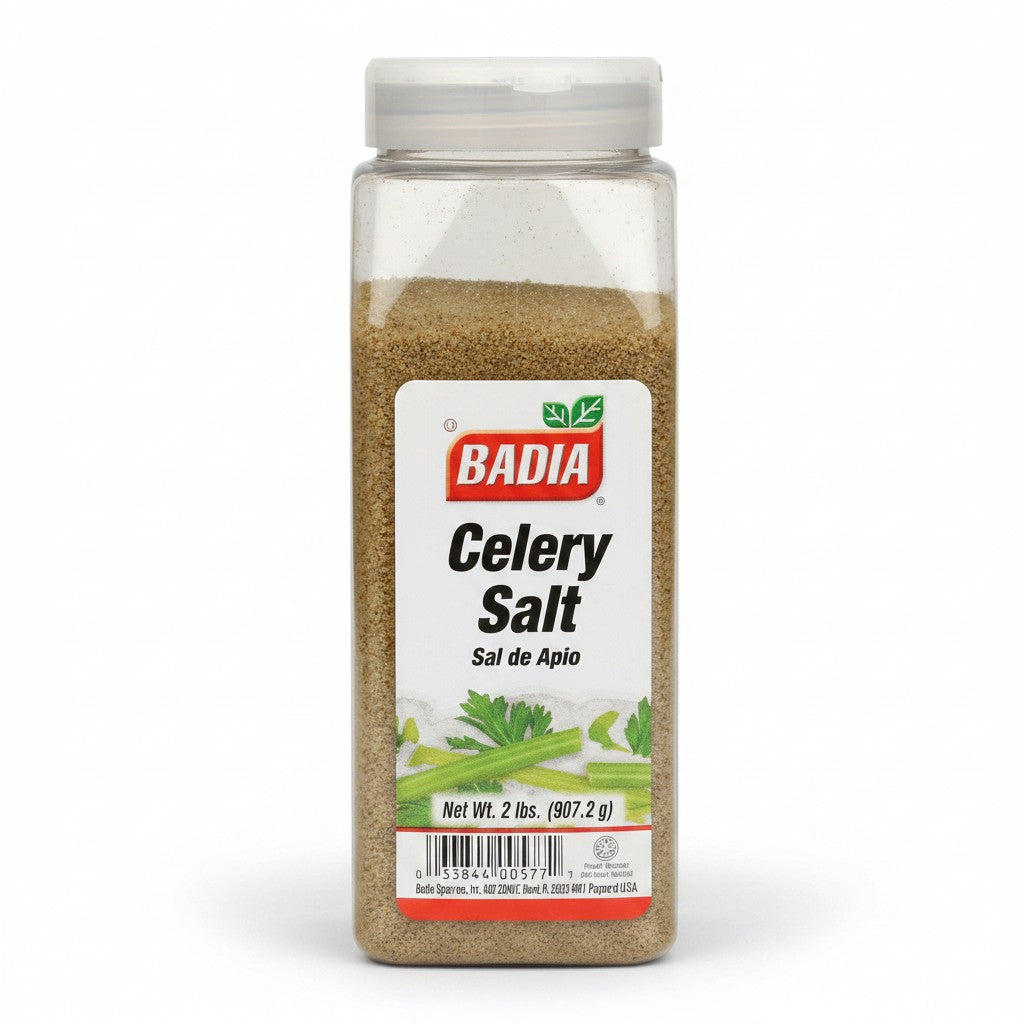 Bodega Badia Celery Salt, 2 lb jar with a white lid. The seasoning is a fine, light brown powder.